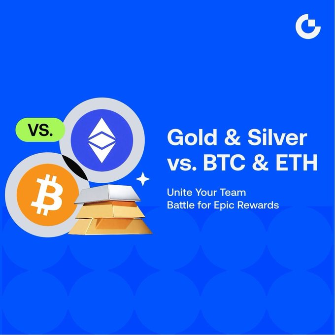 A promotional graphic on a blue background featuring gold bars alongside Bitcoin (BTC) and Ethereum (ETH) coin logos, with the text "Gold & Silver vs. BTC & ETH" and "Unite Your Team, Battle for Epic Rewards" advertising a trading competition between precious metals and cryptocurrency teams with up to $68,000 in prizes.