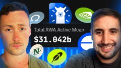A YouTube thumbnail showing two men with text reading 'Total RWA Active Mcap $31.042B' and various cryptocurrency logos including XRP, HBAR, NEM, and XLM.