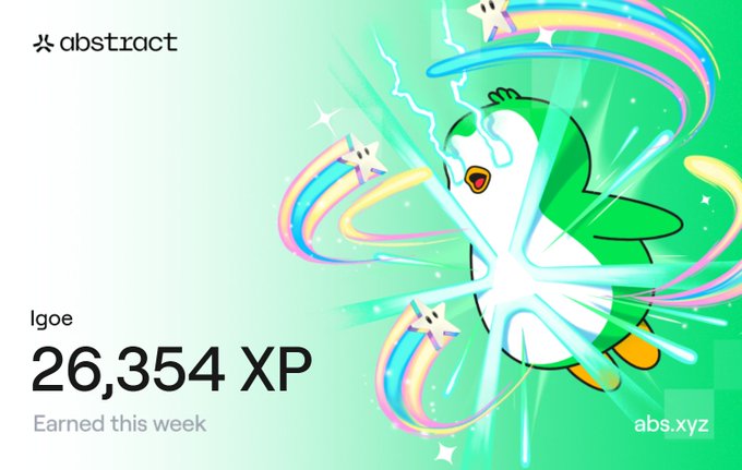 The image is a vibrant AbstractChain XP dashboard graphic showing "Igoe" with "26,354 XP" earned this week, featuring a cheerful cartoon penguin character surrounded by rainbow swirls, stars, and lightning effects that visually celebrate the achievement described in the thread about accumulating XP through rank, streaks, and NFT holdings.