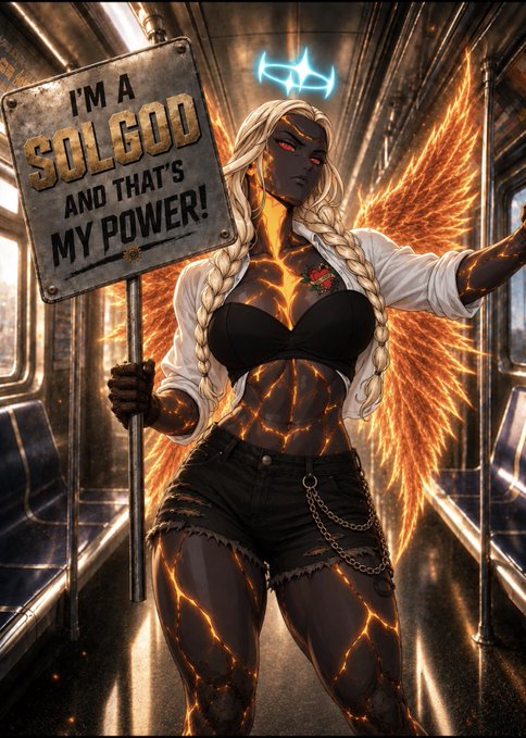 A fantasy illustration of a powerful dark-skinned woman with glowing orange cracks across her body and fiery wings, holding a sign that reads 'I'M A SOLGOD AND THAT'S MY POWER!'.