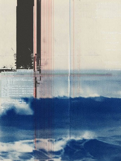 A mixed-media artwork combining a cyanotype print of ocean waves with glitchy digital artifacts, vertical red lines, and a black painted rectangle.