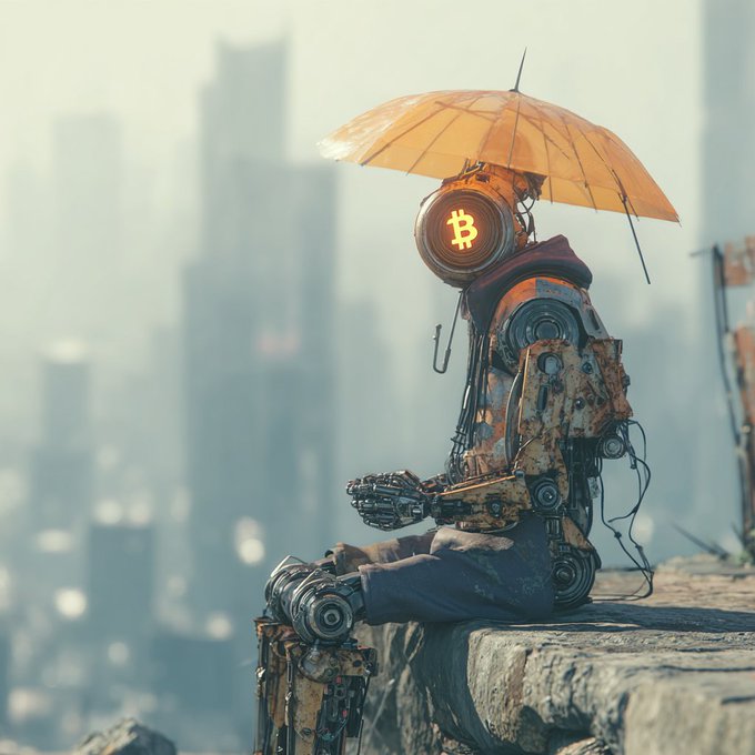 A weathered robot with a Bitcoin logo for a face sits on a concrete ledge holding an umbrella, with a hazy city skyline in the background.
