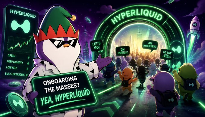 A promotional illustration for Hyperliquid featuring a penguin mascot in sunglasses and a jester hat wearing a 'ONBOARDING THE MASSES' sign, alongside trading-related features like 'SPEED', 'DEEP LIQUIDITY', and 'LOW FEES'.