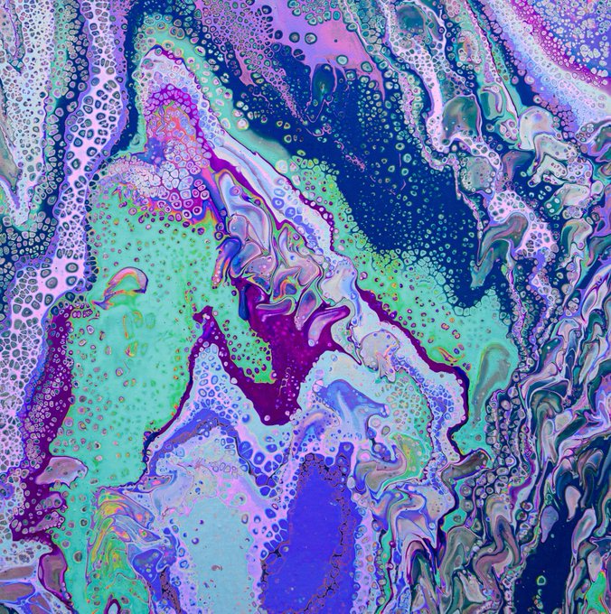 An abstract fluid art piece with swirling patterns of purple, blue, green, and pink featuring bubble-like cell textures and marbled colors.