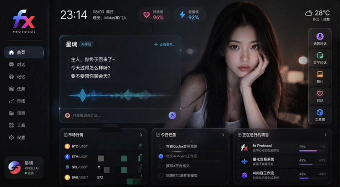 A dashboard for the 'fx Protocol' featuring an AI avatar '星璃' (XINGLI) on the right and market data, tasks, and chat interface in Chinese on the left.