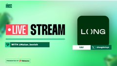 The image shows a livestream thumbnail with green background featuring "LIVE STREAM" text, the "LONG" logo, a viewer count of 591, and "WITH @miles_braun" displayed, relating to the post's discussion of the $AI token and @longdotxyz protocol.