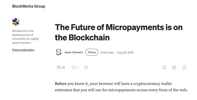 The image shows a Medium article published on "Blockworks Group" by Jason Yanowitz, titled "The Future of Micropayments is on the Blockchain," dated August 30, 2018, which opens by predicting browsers will have cryptocurrency wallet extensions for micropayments across the web. The post highlights how Yanowitz was prescient, as Cloudflare's adoption of x402 and USDC is now enabling 25% of the internet to monetize through agentic micropayments—validating his early blockchain-based micropayment vision.