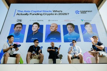 A panel discussion titled 'The Asia Capital Stack: Who's Actually Funding Crypto in 2026?' takes place at a CoinFest Asia event, featuring logos of sponsors including Poly Digital, Stablex, MDX, and Decripto.