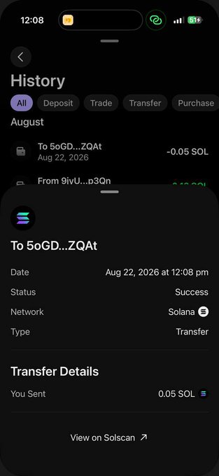 A crypto transaction confirmation on the Solana network showing a successful 0.05 SOL transfer dated August 22, 2026, with details including type (Transfer) and a link to view on Solscan. The image reinforces the post's bullish sentiment toward SOL by showcasing active use of the network for transactions, hinting at its growing real-world utility en route to the $120 target.