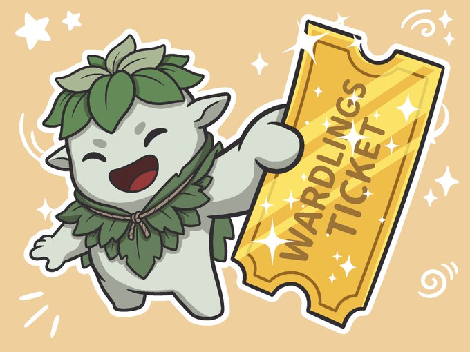 A cartoon illustration of a cheerful green character wearing a leafy collar and holding a large golden 'WARDLINGS TICKET' against a tan background with stars and sparkles.