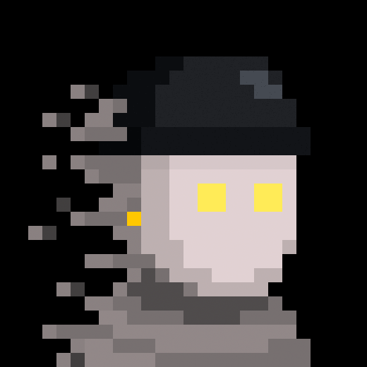 A pixel art image of a pale-faced character with glowing yellow eyes wearing a dark hat, with the left side of the body and hat dissolving into floating pixelated fragments against a black background.