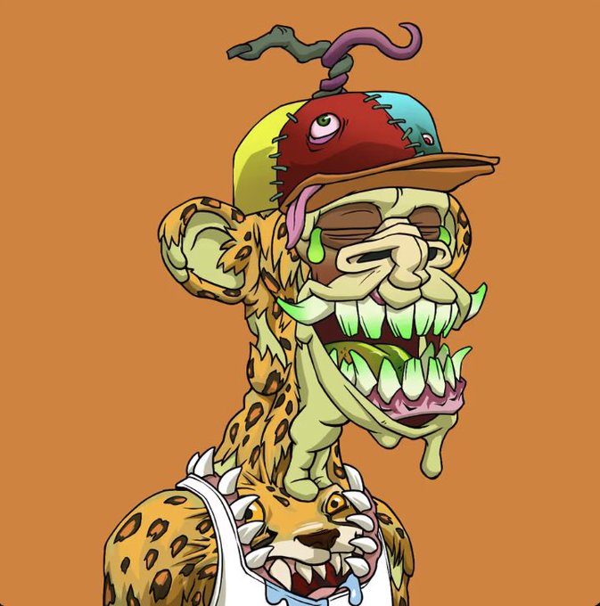 A grotesque cartoon illustration of a leopard-spotted character with sharp green teeth, wearing a stitched baseball cap on an orange background.