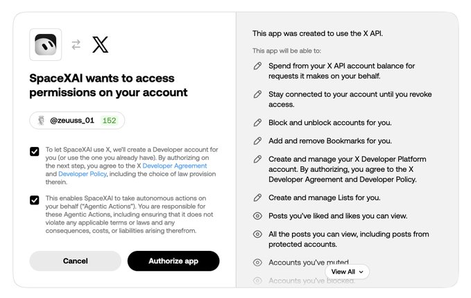 The image shows an X API authorization screen where "SpaceXAI" is requesting permissions for user @zeeuuss_01, including spending from API balance, managing accounts/blocking, and accessing posts and mutuals. The accompanying post reveals that connecting a Grok bot profile now automatically creates an X developer account with $100 in credits—suggesting users may have unclaimed API credits waiting in their accounts.