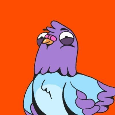 A cartoon image of a purple and light blue bird-like character with a fluffy head, dark eyes, and an orange beak against a solid orange background.