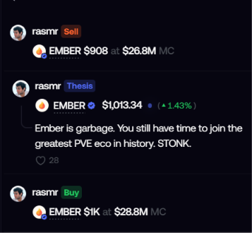 A social media feed from user 'rasmr' discussing the $EMBER token, showing a 'Sell' post at $908 ($26.8M MC), a 'Thesis' post at $1,013.34 (+1.43%) stating 'Ember is garbage. You still have time to join the greatest PVE eco in history. STONK.', and a 'Buy' post at $1K ($28.8M MC).
