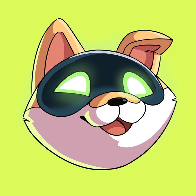 A cartoon illustration of a smiling cat or dog-like face wearing a black domino mask with glowing green eyes against a lime-green backdrop.