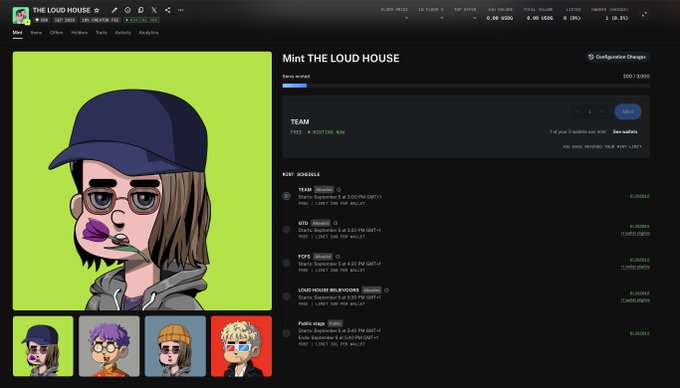 The image shows a webpage for "THE LOUD HOUSE" minting an NFT collection, currently displaying item 200/3,000, with a cost of 0.6E VCO2 and a mint cap of 5. The featured character is a cartoon-style avatar with glasses, a baseball cap, and purple lipstick on a green background, with four additional character variants shown below—fitting the "LOUDERRR" post which likely refers to the LOUD NFT project and its various collectible characters.