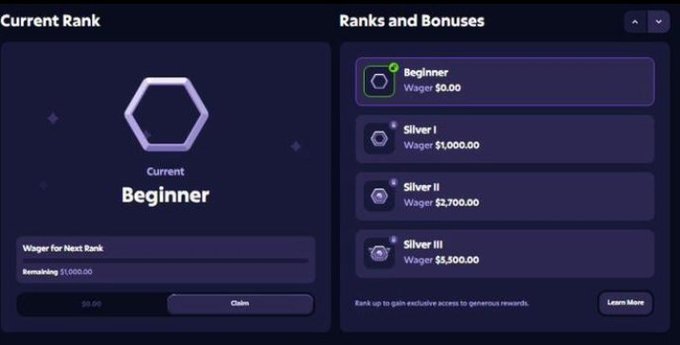 A dark-themed rank progression interface showing 'Current Rank: Beginner' with wager tiers from Beginner ($0.00) to Silver III ($5,300.00), and a remaining $1,000.00 wager needed for the next rank.