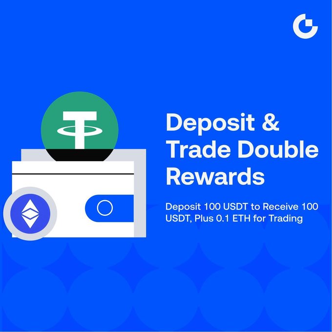 A blue promotional graphic features a stylized wallet icon displaying Tether (USDT) and Ethereum (ETH) logos, advertising the "Deposit & Trade Double Rewards" campaign where users can receive 100 USDT for deposits plus 0.1 ETH for trading. The image visually reinforces the Gate.io airdrop message by depicting the two crypto assets being offered as rewards.