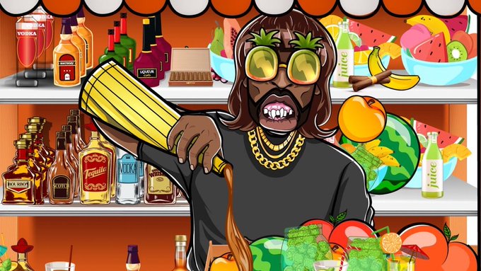 A cartoon illustration of a hipster man with a large gold chain, gold-rimmed sunglasses, and dreadlocks holding a wooden bat or bottle, standing in front of shelves stocked with various liquor bottles and fruit.