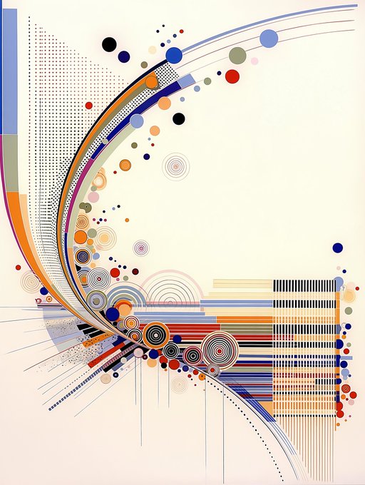 An abstract geometric artwork featuring a colorful composition of dots, circles, lines, and curved bands in shades of blue, orange, red, and black on a cream background.