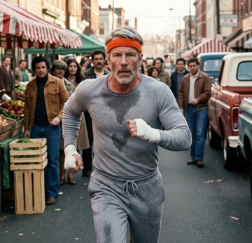 The image shows an older, determined-looking man with a gray beard wearing an orange sweatband and gray workout clothes, jogging with wrapped fists through a crowded street market like a boxer in training. The visual metaphor of a relentless fighter on a mission parallels the post's message about $MSTR Strategy aggressively pursuing its ambitious goal of becoming the largest Bitcoin holder and capturing a share of the massive $300 trillion market.
