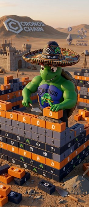 A 3D-rendered illustration of a turtle wearing a large sombrero branded 'CronosChain' while constructing a wall out of orange and black blocks bearing the Cronos logo.