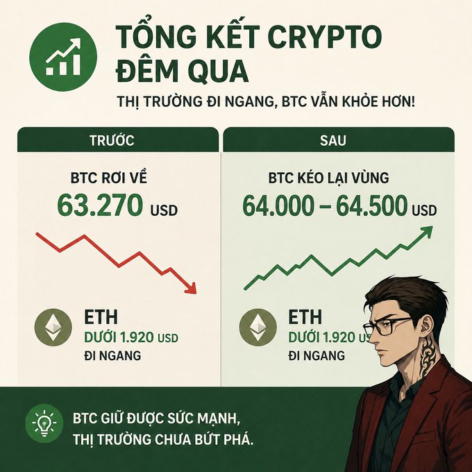 A Vietnamese crypto market summary infographic titled 'TỔNG KẾT CRYPTO ĐÊM QUA', comparing BTC before dropping to 63,270 USD with ETH under 1,920 USD, to after recovering to the 64,000–64,500 USD range, featuring an illustrated man with glasses and tattoos.