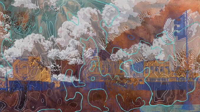 An abstract digital artwork featuring swirling textures in earth tones, blues, and rust colors with light cyan outline patterns overlaid across the composition.