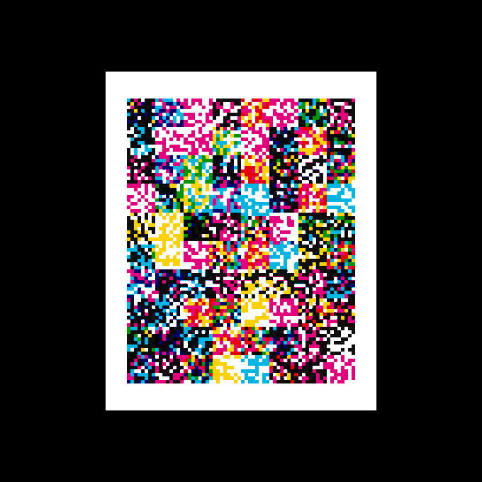A piece of abstract glitch-style art featuring a chaotic composition of brightly colored pixels in pink, blue, yellow, black, and white.