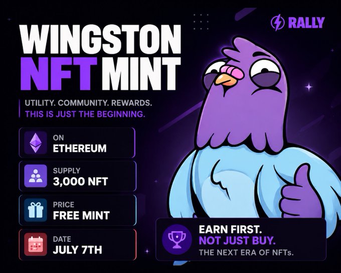 A promotional graphic for 'WINGSTON NFT MINT' on Ethereum with 3,000 NFT supply, free mint on July 7th, featuring a cartoon purple penguin-like character with the tagline 'EARN FIRST. NOT JUST BUY.'