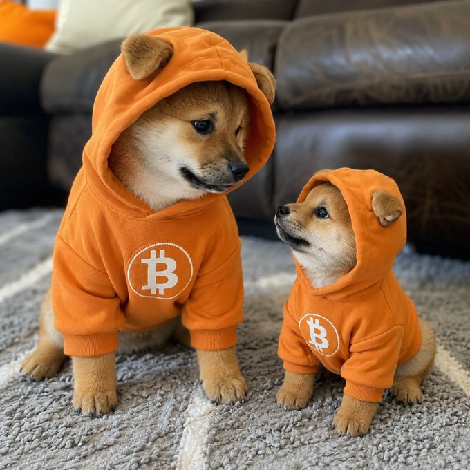 The image features two Shiba Inu dogs wearing hoodies with the Bitcoin symbol on them. The dogs are sitting next to each other on a gray carpeted floor, appearing to be posing for a photo. The caption of the image reads "In the $DOG Army, we don' t measure by size, we measure by loyalty. Whether you're a big $DOG holder or a small $DOG holder, we all fight". This message emphasizes the importance of loyalty and unity among dogs, regardless of their size or position within the dog community.