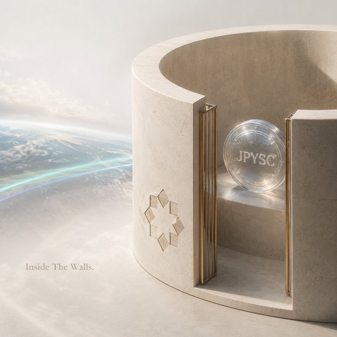 A futuristic 3D rendering shows a circular stone structure above the clouds with gold-framed glass doors opening to reveal a glowing sphere marked "JPYSC," with the text "Inside The Walls." in the corner.
