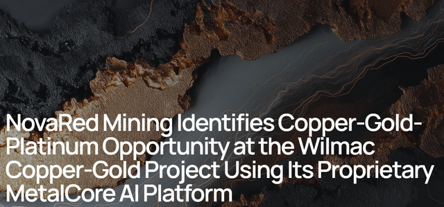 An article headline reading 'NovaRed Mining Identifies Copper-Gold-Platinum Opportunity at the Wilmac Copper-Gold Project Using Its Proprietary MetalCore AI Platform' over a textured geological background.