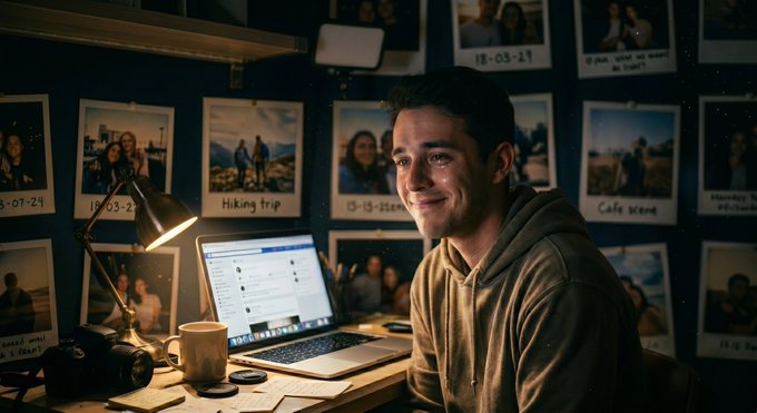 The image shows a man sitting at a desk with his laptop open, smiling for the camera. The background features a wall adorned with various photos, including some of himself. There are also two other people visible in the photo, one on the left side and another person partially cut off from view. A cup is placed next to the laptop, suggesting that the man might be working or studying at his desk.