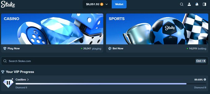 A screenshot of the Stake.com homepage showing Casino and Sports sections, with a VIP progress bar at level Casibro Diamond III.