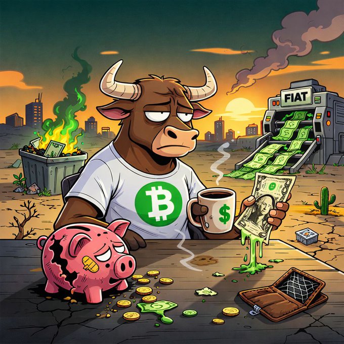 A cartoon illustration depicts a bull wearing a Bitcoin t-shirt holding coffee and a dollar bill, sitting at a table with a broken piggy bank, set against a post-apocalyptic landscape with a 'FIAT' money printer.
