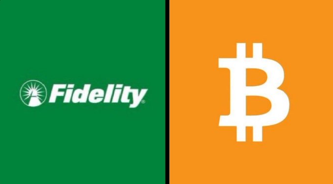The image features the Fidelity logo (with its distinctive sunburst emblem and brand name) on a green background alongside the white Bitcoin "₿" symbol on an orange background, visually representing Fidelity's institutional endorsement of Bitcoin and its projected "decade-long supercycle" as mentioned in the accompanying post.