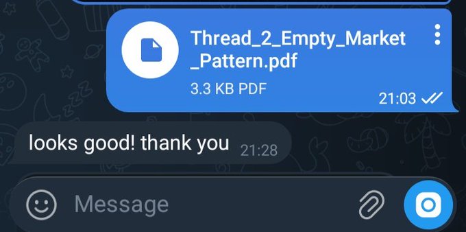 A Twitter DM screenshot showing a received PDF file named 'Thread_2_Empty_Market_Pattern.pdf' and a reply saying 'looks good! thank you'.