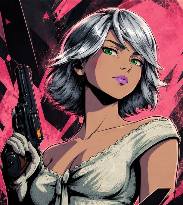 An anime-style illustration of a woman with short silver hair, green eyes, and purple lipstick, wearing white gloves and holding a futuristic pistol against a pink and black geometric background.