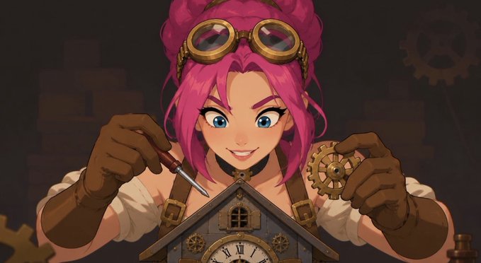 An anime-style illustration of a pink-haired woman wearing steampunk goggles and gloves, holding a screwdriver and gear over a clockwork house.