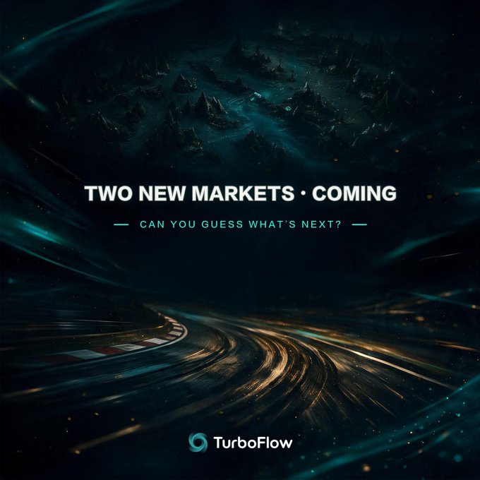A dark, cosmic-themed promotional graphic with the text "TWO NEW MARKETS • COMING — CAN YOU GUESS WHAT'S NEXT?" features a race track curving beneath a planetary landscape, visually teasing TurboFlow's upcoming launch of Event Contracts on 5v5 MOBA esports and racing/F1 markets, as noted by the TurboFlow logo at the bottom.