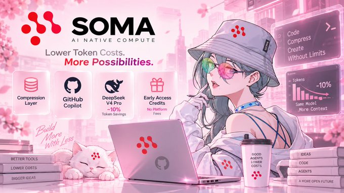 A pink-themed promotional graphic for 'SOMA - AI Native Compute' featuring an anime-style character with features like Compression Layer, GitHub Copilot, DeepSeek V4 Pro, and Early Access Credits.