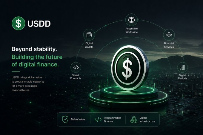 A promotional graphic for 'USDD' cryptocurrency featuring a 3D coin and text 'Beyond stability. Building the future of digital finance.', highlighting features like Smart Contracts and Digital Wallets.