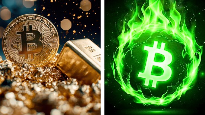 Two images displayed side-by-side: a physical gold Bitcoin coin alongside gold bars on the left, and a stylized green Bitcoin logo surrounded by flames on the right.