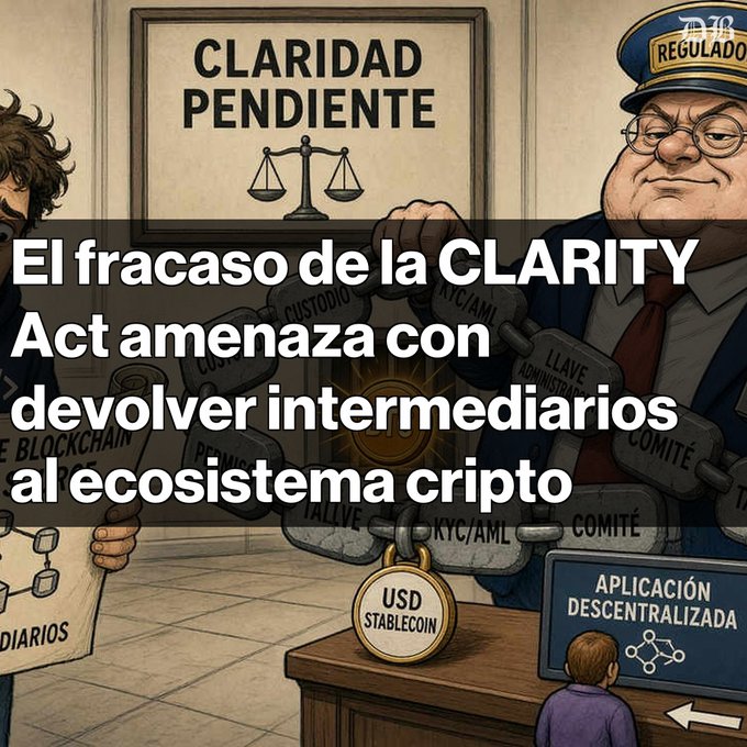 A Spanish-language crypto news graphic reading 'El fracaso de la CLARITY Act amenaza con devolver intermediarios al ecosistema cripto' features cartoon regulators and a stablecoin padlock.