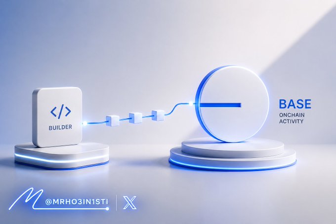 A 3D graphic shows a 'BUILDER' cube connected by a blue data flow to a circular 'BASE' logo labeled 'ONCHAIN ACTIVITY', with the handle @MRHO3INISTI and an X logo watermarked at the bottom.