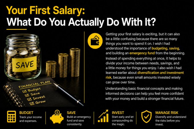 An infographic titled "Your First Salary: What Do You Actually Do With It?" features a jar labeled "SAVE" filled with coins, stacks of gold coins, and a notebook listing a financial plan (Budget, Save, Invest, Grow), with advice on budgeting, saving, building an emergency fund, diversification, and investment risk. The image visually supports the post's message about wisely managing a first salary through budgeting, saving, and responsible investing, aligning with Binance Academy's educational themes.