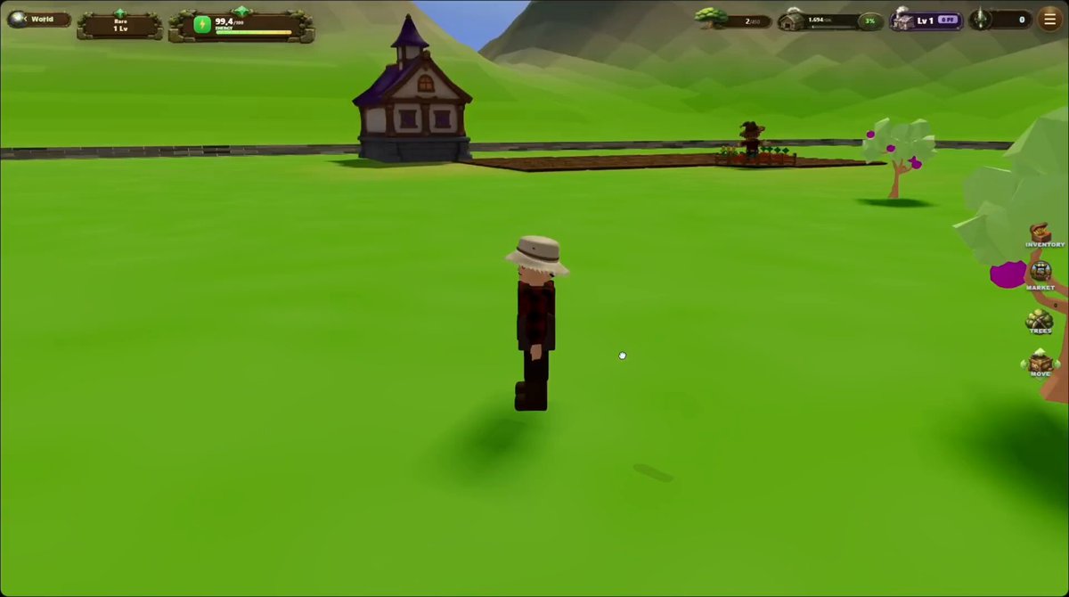 The image shows a man standing in front of a house with a green lawn. The man has a hat on his head and appears to be playing a video game called "GreenWorld", which features a farming theme. In the background, there is a tree that adds to the overall atmosphere of the scene. The post also mentions that fishing has started in GreenWorld, indicating that new content or gameplay elements have been added recently.