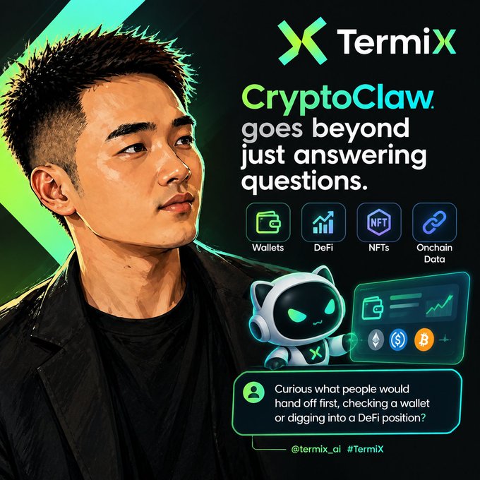 An advertisement for TermiX featuring 'CryptoClaw', an illustrated character alongside a young man, highlighting features for Wallets, DeFi, NFTs, and Onchain Data.